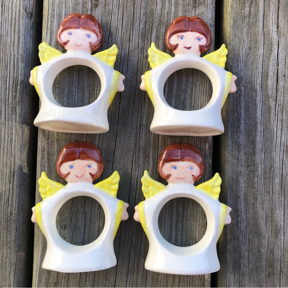 4 vintage ceramic ANGEL NAPKIN HOLDERS / RINGS Christmas Holiday Hand Painted